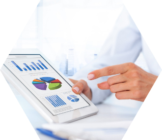 photo - someone using a tablet device with data visualisations displayed on its screen
