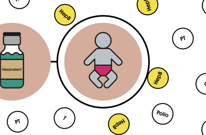 line drawing of a baby in a nappy surrounded by medical symbols